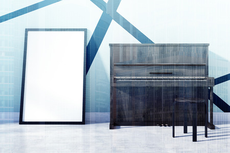 Room interior with green and black walls and a concrete floor. There is a piano and a framed poster....