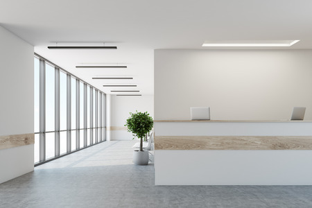 White reception desk with a wooden stripe is standing in a white office lobby with a row of doors, potted trees and a concrete floor with loft windows. Close up. 3d rendering mock upの写真素材