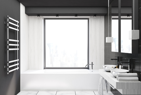 Gray and white wooden bathroom interior with a concrete floor, a panoramic window, a white bathtub and two sinks. Close up 3d renderingの写真素材