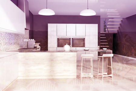 Black kitchen interior with a mosaic wall, a concrete floor, white cupboards and a bar with stools. 3d rendering mock up double exposure toned imageの写真素材