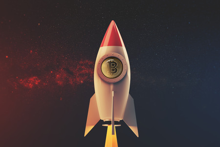 White and red rocket flying in an open space vertically. 3d rendering mock upの写真素材