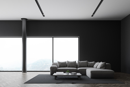 Gray panoramic living room interior with a wooden floor, a carpet and a gray sofa near a coffee table. 3d rendering mock upの写真素材