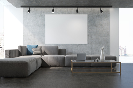 Concrete living room with a poster, a concrete floor, a large window and a long white sofa near a...