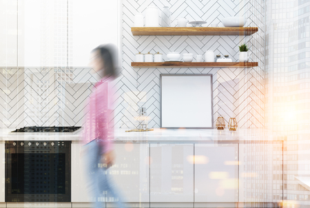 White wooden kitchen interior with a wooden floor, white countertops and a built in cooker. A poster, blurred. 3d rendering mock up double exposure toned imageの写真素材