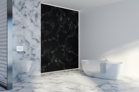 White and black marble bathroom corner with a white marble floor, a tub and a toilet. 3d rendering mock upの写真素材
