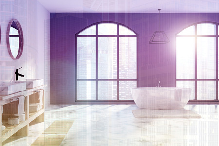 Black bathroom interior with a white marble floor, a large window and a white tub near a sink. 3d rendering mock up double exposure toned imageの写真素材