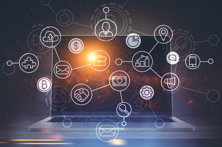 Close up of a laptop with a blank screen standing on a table. A blurred background with a network sketch. Toned image double exposureの写真素材