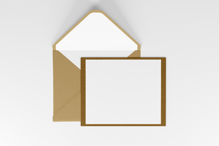 Open brown envelop and a blank sheet of paper lying on a white surface. Concept of communication 3d rendering mock upの写真素材