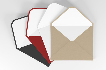 Open colored envelopes lying on a white surface. Top view. Concept of communication 3d rendering...