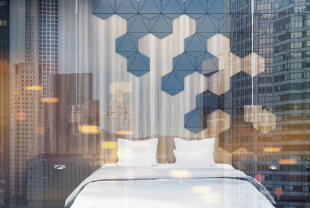 Hexagon black and wooden bedroom interior with a concrete floor, a white bedcover on a master bed with two bedside tables. Front view 3d rendering mock up double exposure toned imageの写真素材