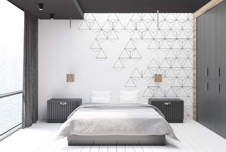 White hexagon bedroom interior with a concrete floor, a white bedcover on a master bed, two bedside tables and a window. 3d rendering mock upの写真素材