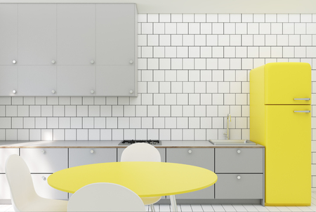 White tiled kitchen interior with a wooden floor, gray countertops, built in appliances, and a yellow fridge. 3d rendering mock upの写真素材