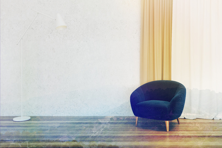 Minimalistic living room interior with a wooden floor, concrete walls and a blue soft armchair near a yellow and white curtain. 3d rendering mock up toned image double exposureの写真素材