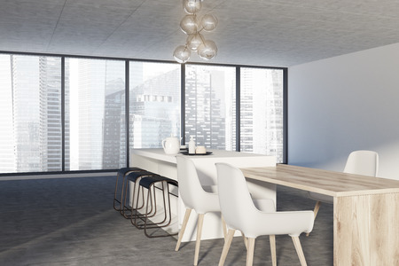 Gray kitchen corner with a panoramic window, a concrete floor, a wooden table, white chairs and a bar. 3d rendering mock upの写真素材