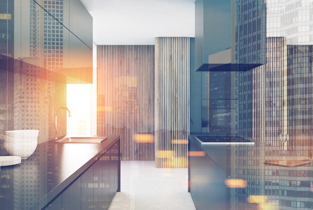 Wooden kitchen with dark wooden walls, gray countertops with built in appliances and a bar. 3d rendering mock up toned image double exposureの写真素材