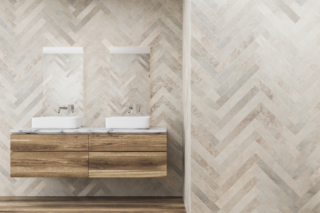 White wooden bathroom interior with a double sink standing on a dark wooden shelf and two narrow vertical mirrors. 3d rendering mock upの写真素材