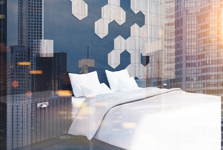 Hexagon black and wooden bedroom corner with a concrete floor, a white bedcover on a master bed with two bedside tables. Side view. 3d rendering mock up double exposure toned imageの写真素材