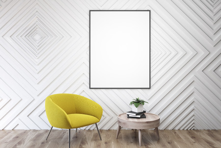 Empty white room interior with diamond patterned walls, a concrete floor and a yellow armchair. A framed poster and a coffee table. 3d rendering mock upの写真素材