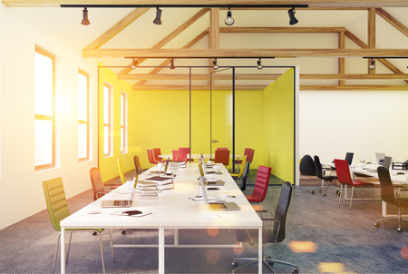 Yellow wall office interior with white tables, computers, green and red chairs. 3d rendering mock up toned image double exposureの写真素材