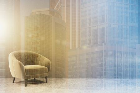 Empty white room interior with a concrete floor and a soft cozy beige armchair. 3d rendering mock up toned image double exposureの写真素材