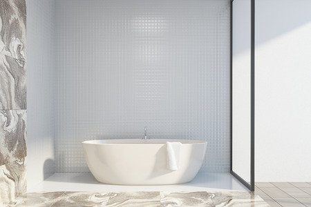 White bathroom sink of an original shape standing near a white and brown marble wall. Front view. 3d...