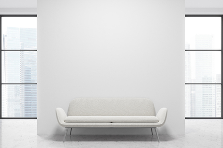 White empty loft interior with a white comfortable sofa standing on a concrete floor. 3d rendering, mock upの写真素材