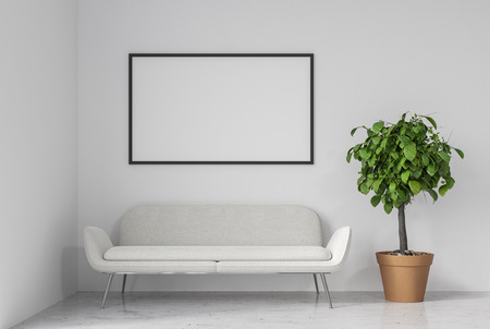 White empty room interior with a white sofa standing on a concrete floor. A poster and a potted...
