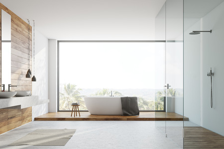 Panoramic bathroom interior interior with a white floor, a white tub, a shower stall and a double...