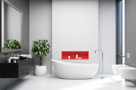 White and gray bathroom interior with a white floor, a white tub, a black double sink with a large mirror and two toilets. 3d rendering mock upの写真素材