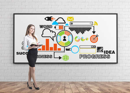 Cheerful businesswoman wearing a white shirt and a black skirt is standing and holding a planner and a pen. A whiteboard with a colorful business process sketch on it.の写真素材