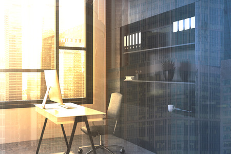 Modern manager s office corner with a white table, a bookcase and a large window. 3d rendering toned image double exposureの写真素材