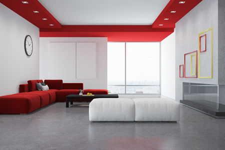 White and red living room interior with a concrete floor, a red sofa, a coffee table and two large blank posters on the wall. 3d rendering mock upの写真素材