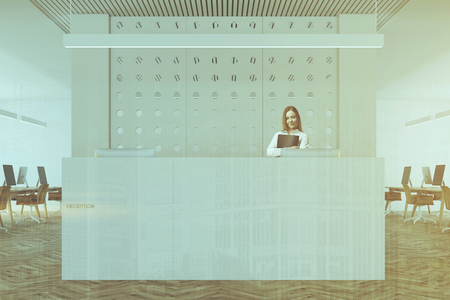 White pattern wall office interior with a wooden floor, a white and wooden reception and an open space area. A blonde businesswoman. 3d rendering mock up toned image double exposureの写真素材
