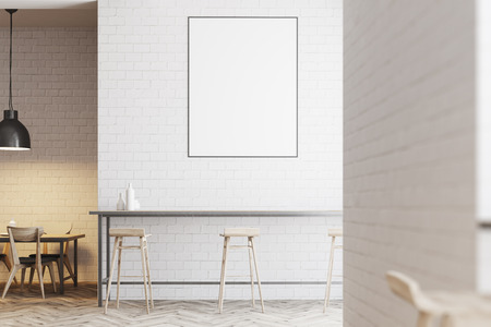 White wall bar interior with a wooden floor, a stone bar and wooden stools near it. Tables with chairs in the background. A poster. 3d rendering mock upの写真素材