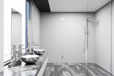 Gray and white bathroom interior with a marble floor, a shower stall, a double sink on a vanity unit and a large mirror. 3d rendering mock upの写真素材