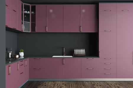 Black kitchen interior with a dark wooden floor and dark red countertops. Concept of a comfortable house. 3d rendering mock upの写真素材