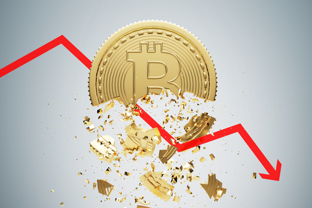Gold bitcoin falling apart. A graph is crashing it. Concept of a cryptocurrency market crisis. A gray background. 3d rendering mock upの写真素材
