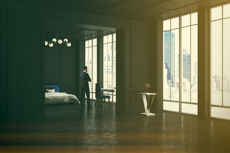 Black wall panoramic bedroom interior with a wooden floor and a small table. A cityscape. A businessman. 3d rendering mock up toned image double exposureの写真素材
