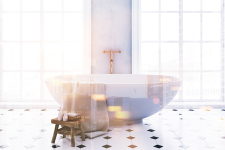 Luxury panoramic bathroom interior idea. A tiled black and white floor, a large window and a white bathtub. A close up. 3d rendering mock up toned image double exposureの写真素材
