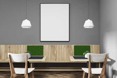 Gray wall restaurant interior with wooden and green seats and a poster on the wall. 3d rendering mock upの写真素材