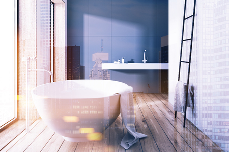Interior of a modern bathroom with gray and white walls, a wooden floor and a white bathtub near the window. 3d rendering mock up toned image double exposureの写真素材