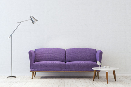 Minimalistic living room interior with white walls, a soft purple sofa standing near a round coffee table and a wooden floor. 3d rendering mock upの写真素材