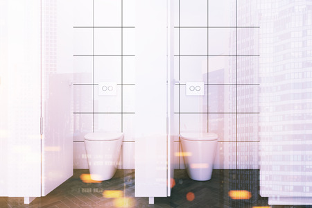 Stalls of a public restroom with white and white tiled walls and a wooden floor. 3d rendering mock up toned image double exposureの写真素材