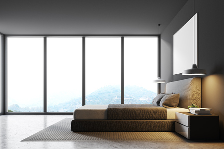 Gray panoramic bedroom interior with a concrete floor, a double bed and a magnificent window view. A poster on the wall. 3d rendering mock upの写真素材