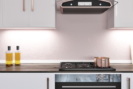 Kitchen counter made of dark wood with a built in cooker. White cupboards hanging above it. 3d rendering.の写真素材