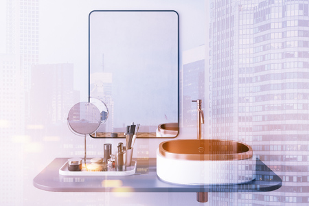 White bathroom sink with a rectangular mirror hanging above it in a white wall bathroom. A make up shelf and mirror. 3d rendering toned image double exposureの写真素材