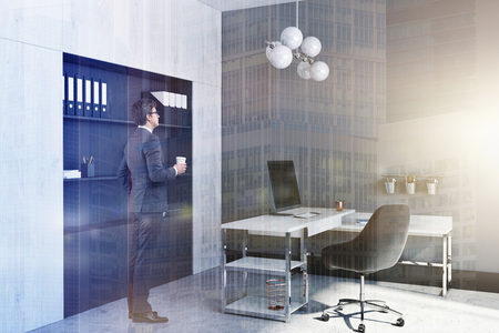 Manager office interior with a large window, a table with a chair and a computer on it. A bookcase. A businessman 3d rendering mock up toned image double exposureの写真素材