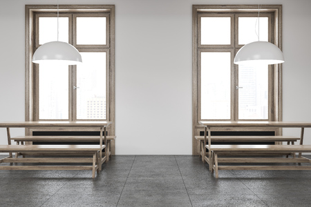White wall cafe interior with a concrete floor, wooden tables and benches. A front view. A close up. 3d rendering mock upの写真素材
