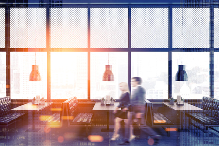 Business people walking in a loft restaurant with soft leather sofas. Concept of business communication. 3d rendering mock up toned image double exposure blurredの写真素材