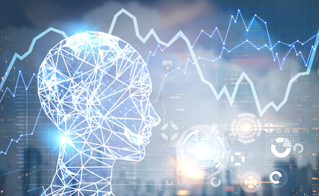Polygonal brain shape of an artificial intelligence with lines and glowing dots and shadow over the...